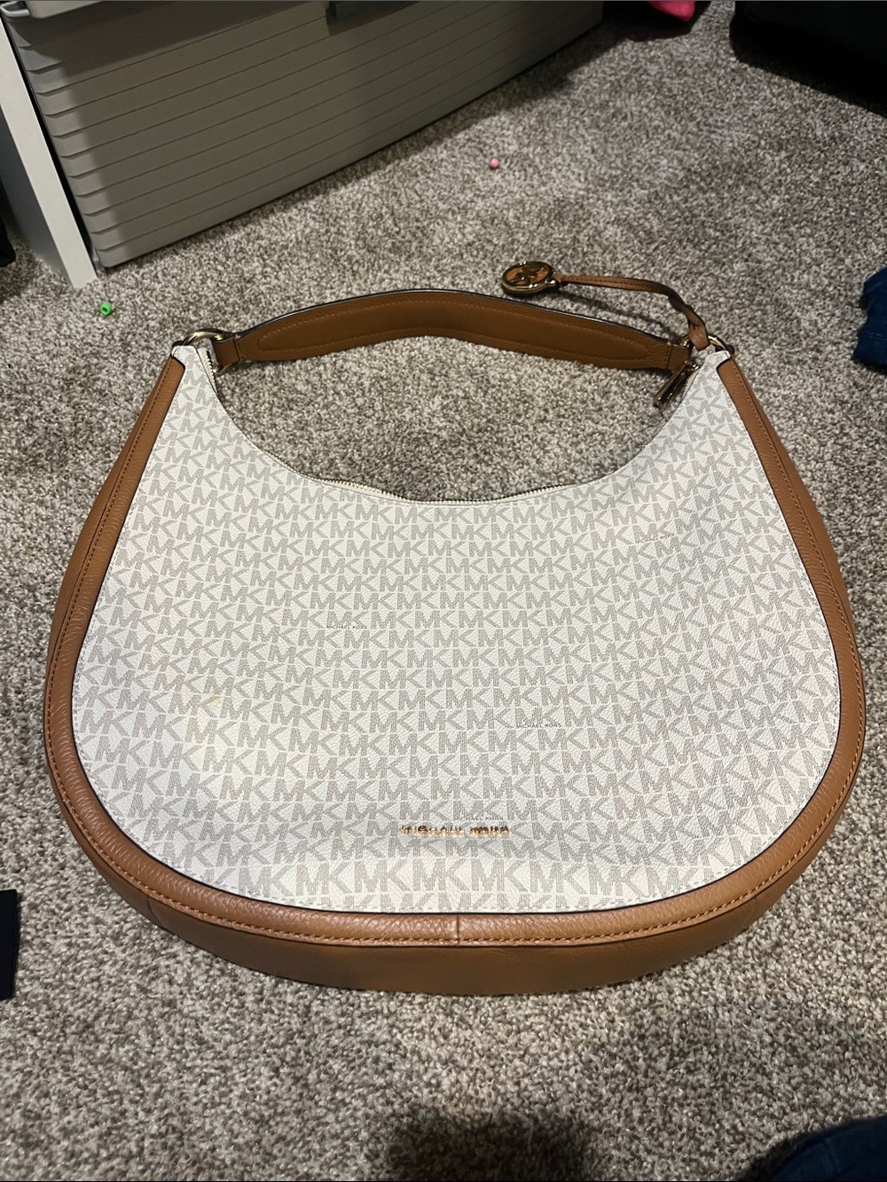 Michael Kors Cream & Brown Signature Crescent Hobo Bag
